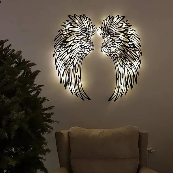 1 par metallväggkonst med ängelvingar med LED-ljus, metallväggdekor med ängelvingar, väggskulptur med ängelvingar, konst för hemmakontor