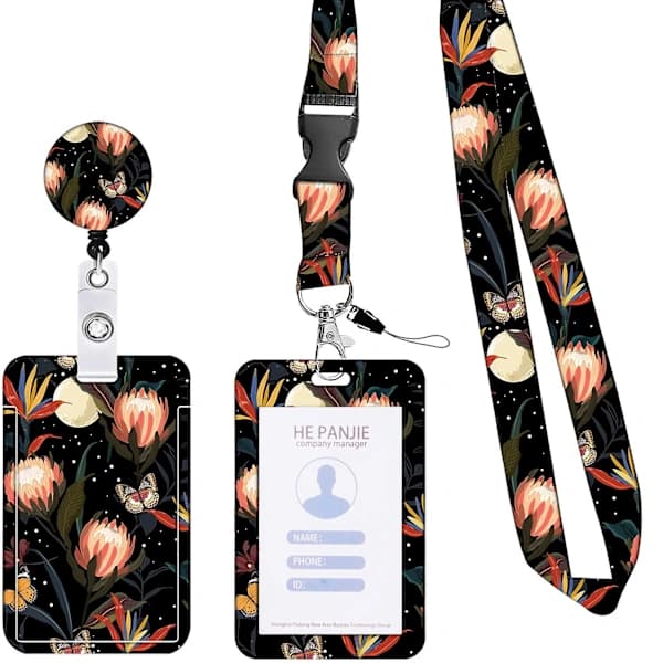 ID Card Holder with Various Pattern Prints, Sliding Opening, Lanyard and Multiple Carrying Options, Transparent Card Protector, Portable Retractable Badge A A