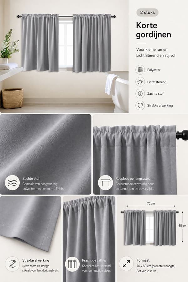 Korte vinduesgardiner, 2-panel polyester mørklægningsgardiner til køkken, soveværelse, badeværelse, autocamper, grå, 76 x 60 cm