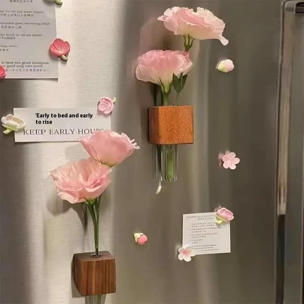 Magnetiske vaser til køleskab - Sæt med 2 - Valnøddetræ & Glas - Minivase til blomster