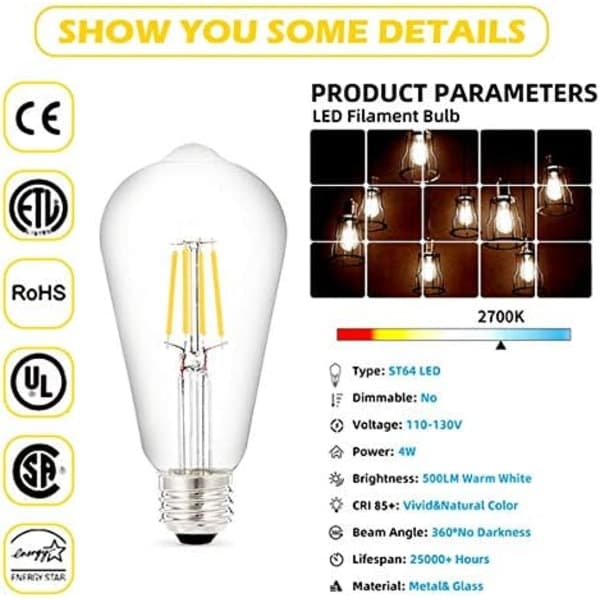 IC Edison-lampa Ej dimbar, retro-stil, 9W, 500LM, E27-sockel, ekorrhjulstråd, 4-pack