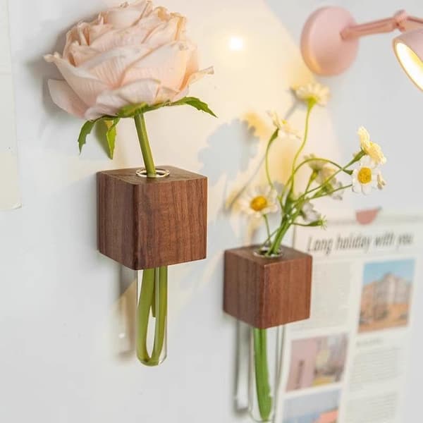 Magnetiske vaser til køleskab - Sæt med 2 - Valnøddetræ & Glas - Minivase til blomster