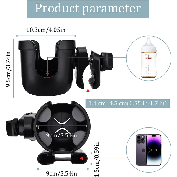 IC Universal justerbar muggholdere med telefonholdere til baby, rullstol, rullator, cykel, skoter