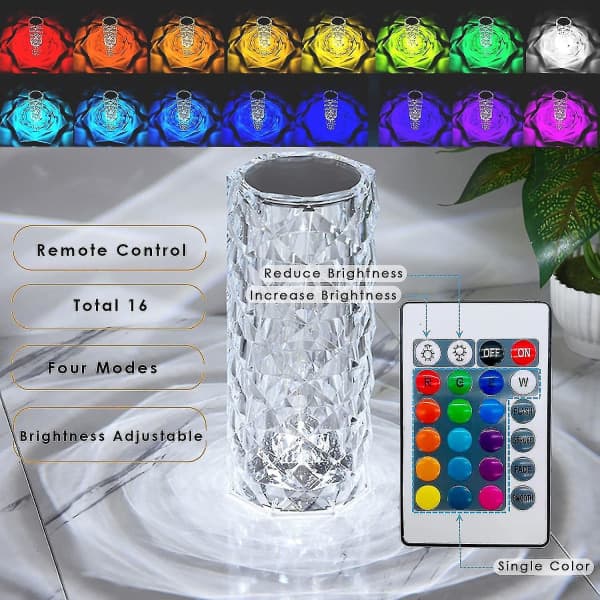 IC CNE Crystal Diamond pöytälamppu, 16 väriä USB-lataus