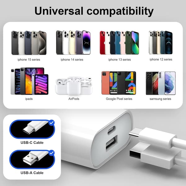 USB-C lader, 20W doble USB-C porter, strømadapter