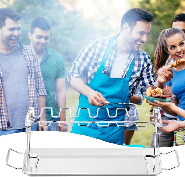 Kyllingelårstativ i rustfrit stål med 14 slidser og drypbakke, foldbart grillstativ til ovn, grill, camping, picnic, havefest