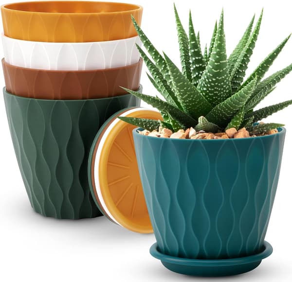 5-pakning blomsterpotter - 15,2 cm - med drenering og skål - farger