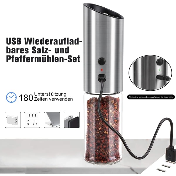 Oppladingsbar elektrisk pepparkvarn, automatisk gravitasjonsmanøvrering salt- og pepparkvarn, USB oppladningsbar