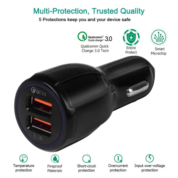 IC qc3.0 2usb biloplader 5v 3.1a hurtigopladning mobiltelefon med co Sort