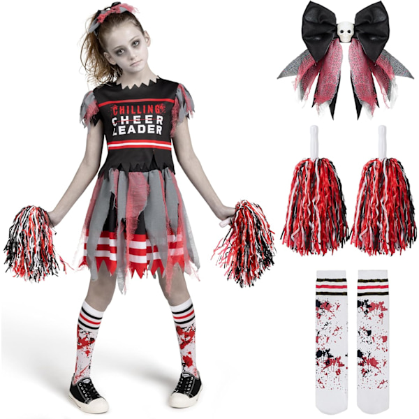 Tyttöjen cheerleader-asu, pelottava cheerleader-asu, pelottava zombi-asu Halloween-naamiaiselle Svart, röd Small (5-7 yrs)