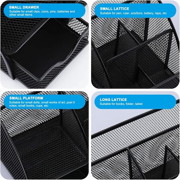 Mesh Desktop Organizer, Multifunctional Desk Storage & Pen Holder with 6 Storage Compartments and 1 Pull-out Drawer Black Black