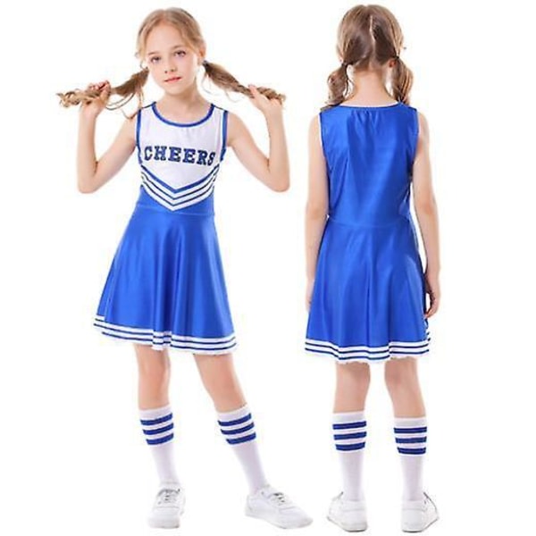 Kid's Girls School Party Cheerleader kostym Halloween musikalisk festklänning sininen 140cm