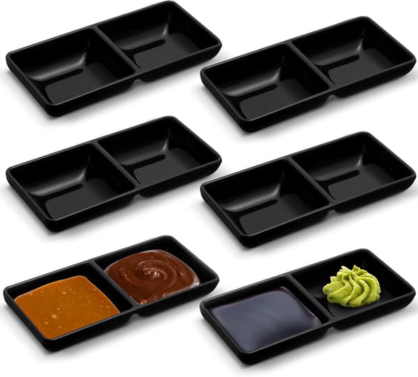 6 kaksinkertaista kastikekulhoa - 2 lokeroa - musta - sushi tapas