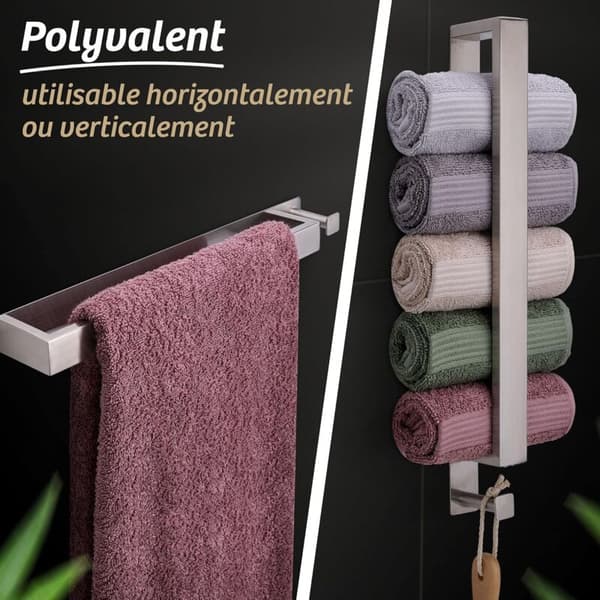 Kylpyhuoneen pyyheteline, ei porausta - 40 cm - koukulla - ruostumaton teräs - tukeva kiinnitys - nopea asennus (hopea)