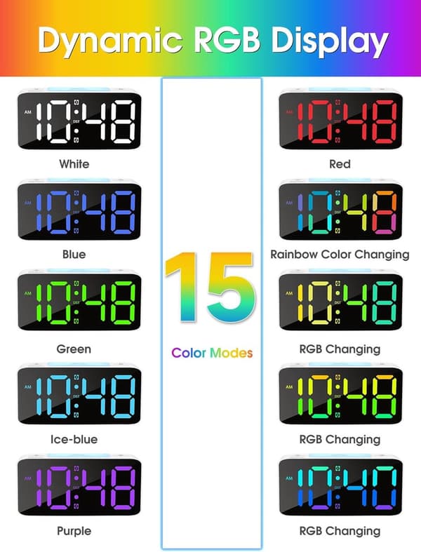 Digital väckarklocka, 105dB extra högt dubbellarm, RGB-display, 7-färgs nattlampa, USB-laddning, för sovrum, svart