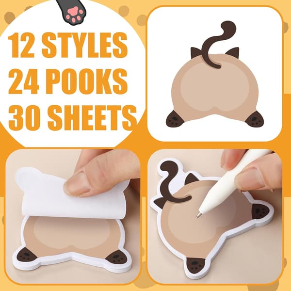 24-pak Kawaii Sticky Notes - Søde Dyreformer - 720 Ark - Skoleartikler - Frisk kat