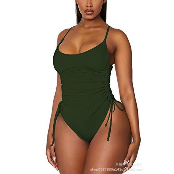 Hot salg dame plisseret højbenet badedragt med mavekontrol Army Green XXL
