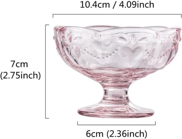 Sæt med 2 lyserøde glasdessertskåle med hjertemønster, is- og buddingkopper på fod, genanvendelige til romantisk middag, børnefest