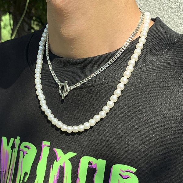 IC Punk Hvid Perle Choker Halskæde til Mænd Kvinder Guld Sølv Farve Lagdelt Kæde Halskæde Mode Smykker