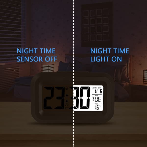 Sort digitalt vækkeur til børn – 12/24t, snooze, temperatur, dato, bærbart med LED-display
