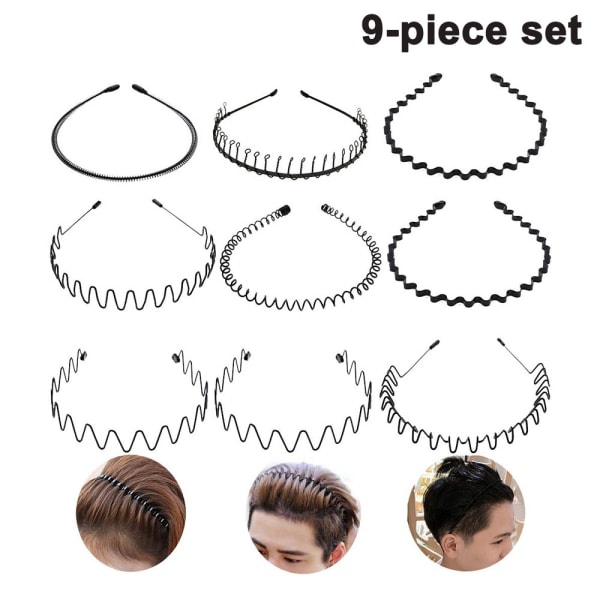 IC Set med unisex hårbånd metall pandebånd sort pandebånd fjeder 9stk