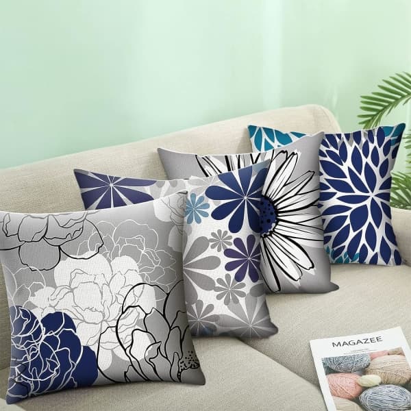 IC Blå Kuddfodral 18x18 Set med 4 Grå Dekorativa Cover för Soffa Modernt Daisy Case för Vardagsrum, 18″×18″