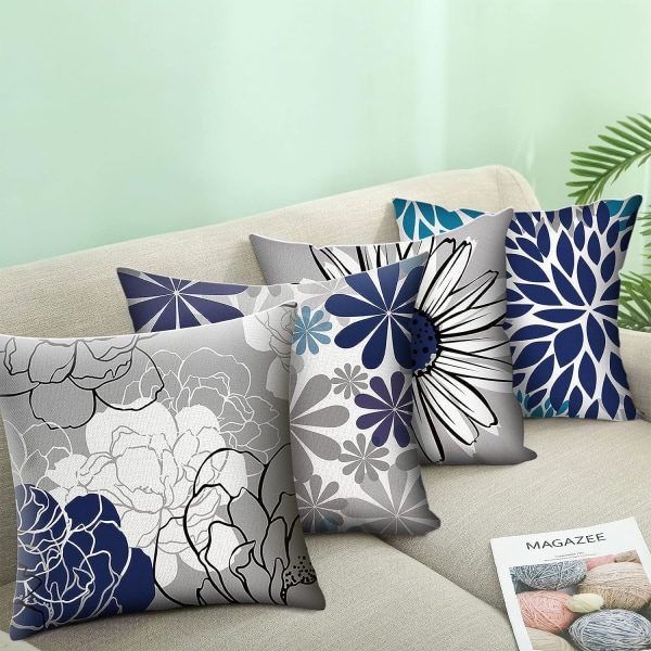IC Blå putetrekk 18x18 Sett med 4 Grå dekorative trekk for sofa Moderne Daisy Case for stue, 18″×18″