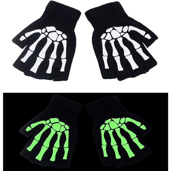 IC 2 par Halloween-luuranko luut Unisex-hanskat Uudet Punk-sormittomat hanskat Hohtavat pimeässä Venyvät Stickade talvihanskat, mustat