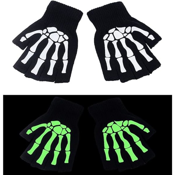 IC 2 par Halloween Skelet Knogle Unisex Handsker Nye Punk Fingerløse Handsker Gløder i Mørket Stræk Stickade Vinterhandsker, Sorte