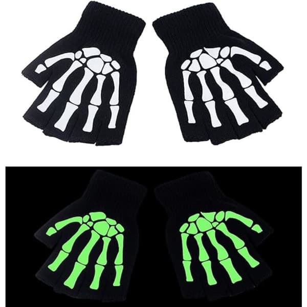 IC 2 par Halloween Skelettben Unisex handskar Nya Punk Fingerlösa Handskar Glöder i mörkret Stretch Stickade Vintervantar, Svarta