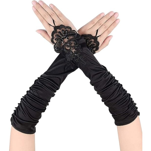 1 par långa elastiska fingerlösa handskar for kvinder Spets Opera Kvällshandskar Satinhandskar for Halloweenfest, bröllop, koncert (svart)