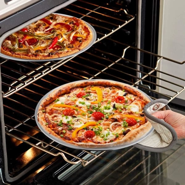 Pizzabakplåt Set med 2, 12 tums ugnsplåt i rostfritt stål, rund bakplåt, mindre fast, giftfri och hälsosam, tål diskmaskin