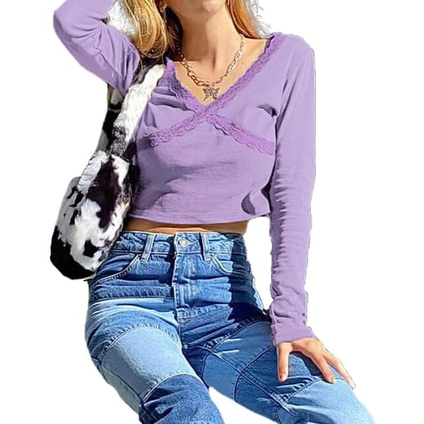 IC Långärmade spetsskjortor för kvinnor Färgblock Patchwork Crop Tops