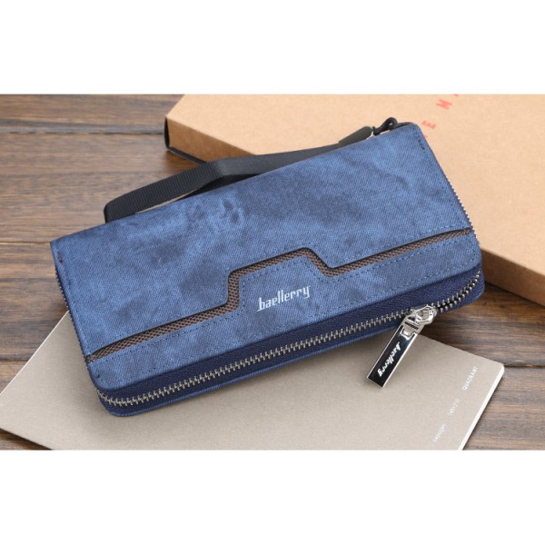 IC baellerry lang glidelås for menn lommebok PU lær clutch business casual ungdom clutch mørkblå blå