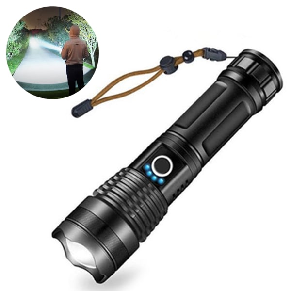 IC LED-lommelykt 10000 lumen, 5000mAh USB-oppladbar 26650 batteri inkludert, 5 lysmoduser, zoombar