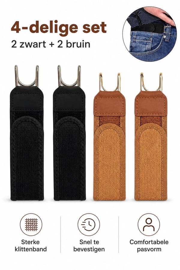 Elastisk bælte uden spænde, justerbart velcro-taljebånd med metalkroge, unisex komfortbælte, 4-pak, 2 sorte 2 brune
