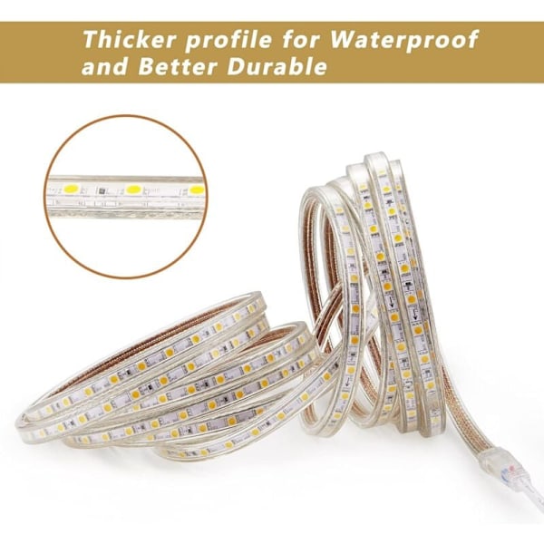 3M LED-strip, Mycket Stark 220V LED-strip med Strömbrytare, 5050 IP65 Vattentät, Varmvit