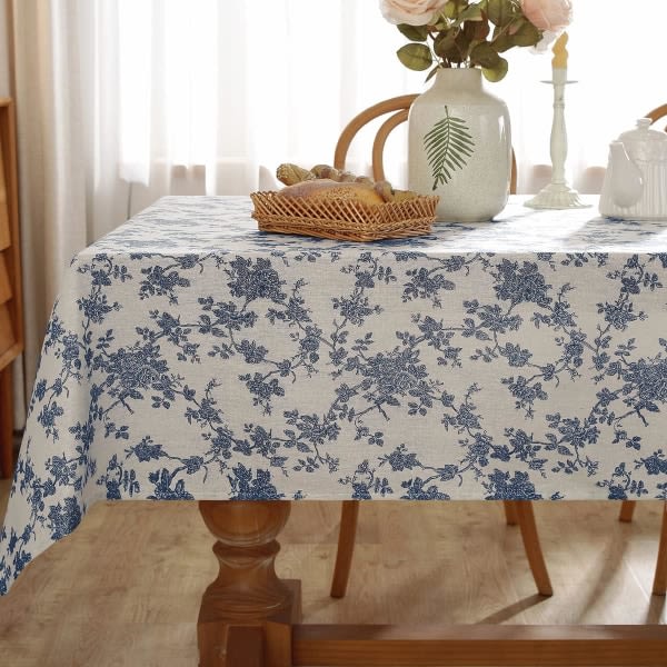IC Tvättbar vintage cover med blå blommönster, bordsduk i bondgårdsstil för våren, picknick, matbord (rektangel, 52" x 70")