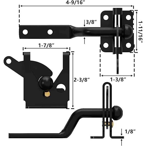 Self-locking carbon steel gate latch, black/lock post mounting with stainless steel spring cable pull