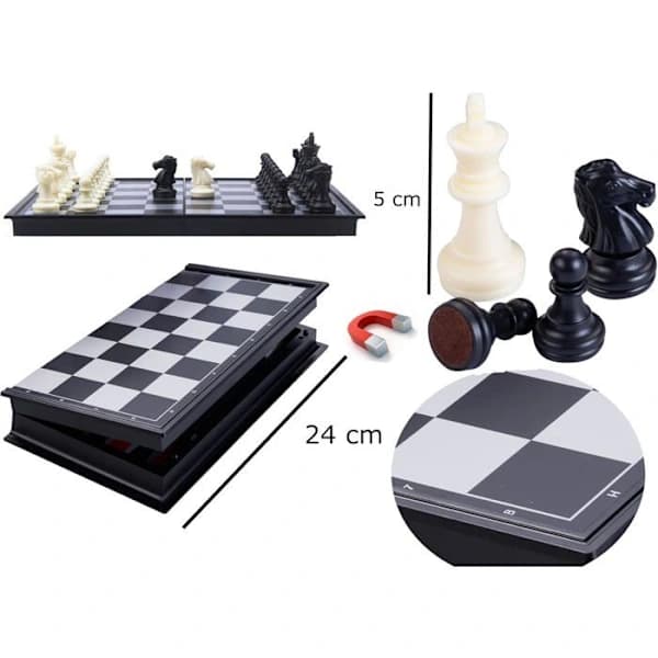 Rejsespil - Engelhart - Backgammon/Skak - 24 cm - Sort/Hvid - Magnetisk