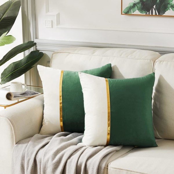 2-pak Olivgrønne Dekorative Pudebetræk 18x18 tommer til Stue Sofa, Grøn og Hvid Fløjlsplaster med Guld Læder 45x45 cm