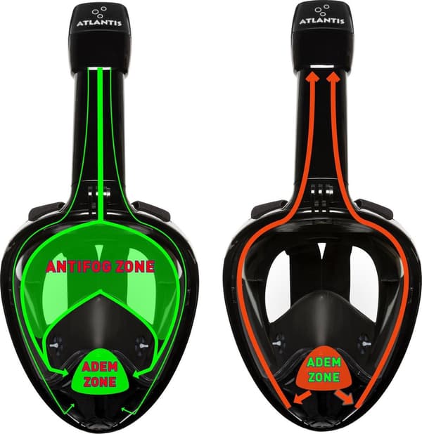 Full-face snorkelmaske med 180° panoramisk udsyn, dry-top-system og anti-dug-design til voksne, sort L/XL