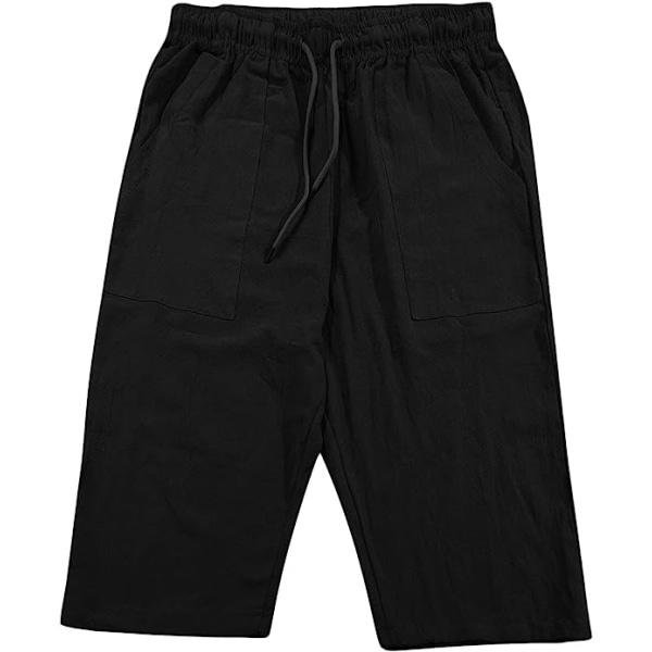 IC Herr 3/4 Linne Capri-byxor Elastisk Midja Casual Lös Baggy Harem Byxor Sommar Strand Yoga Shorts Cropped ByxorM