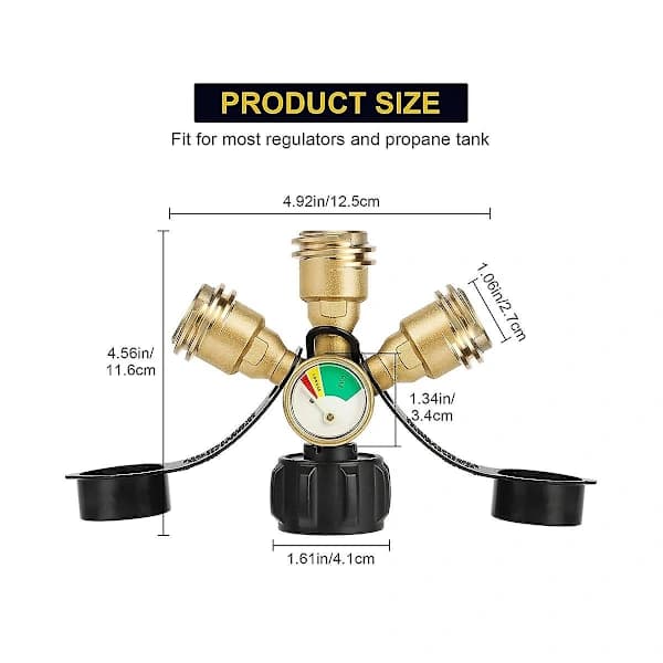 3-veis propanfordeleradapter med måler og avstengningsventiler, solid messing for grill, varmeapparat, camping, bobil, messing