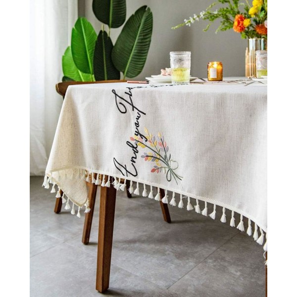 IC Blommor och Bokstäver Broderade Duksar Fransar Bordsduk Cover för Kök, Fest, Semester (Blomma A, 55\"x79\")