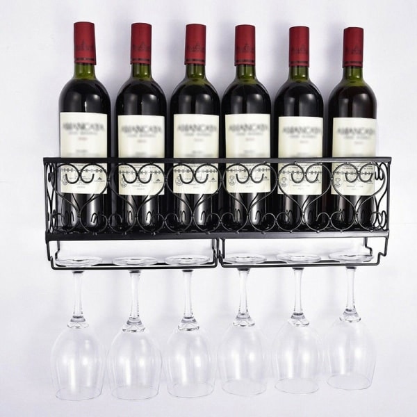 Vægmonteret Jern Vinstativ Flaske Champagneglasholder Sort 25*10*17cm