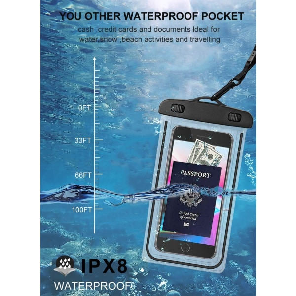 IC Universal vandtæt telefonetui, 2 pakninger Stort vandtæt phone case til Iphone 12/12 Pro Max/11/11 Pro/Se/Xs Max/Xr Galaxy op til 6,5\"