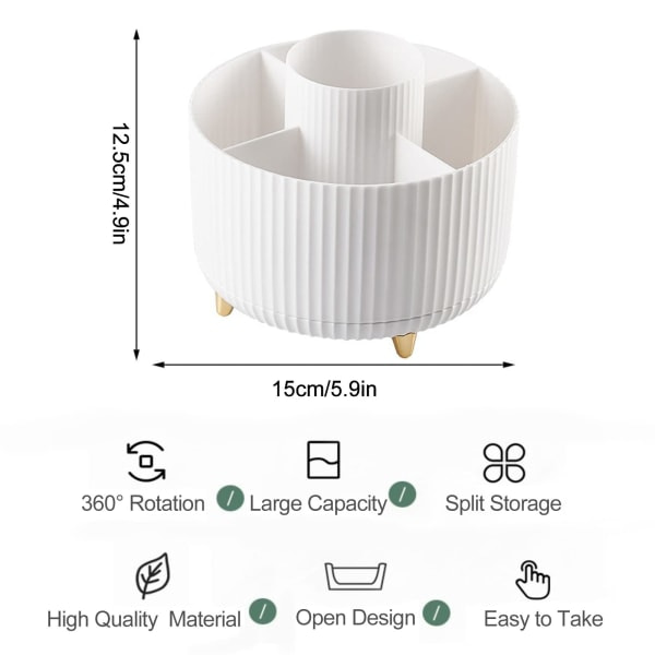 360° Roterende Makeup Organizer - Sminkbørsteholder med 5 rum til kosmetik, smykker til sminkbord, opbevaring af papirvarer i soveværelset