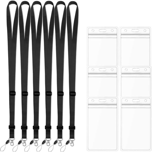 6-pack Justerbara Lanyard med Förlängd Längd Svart ID-Kortshållare