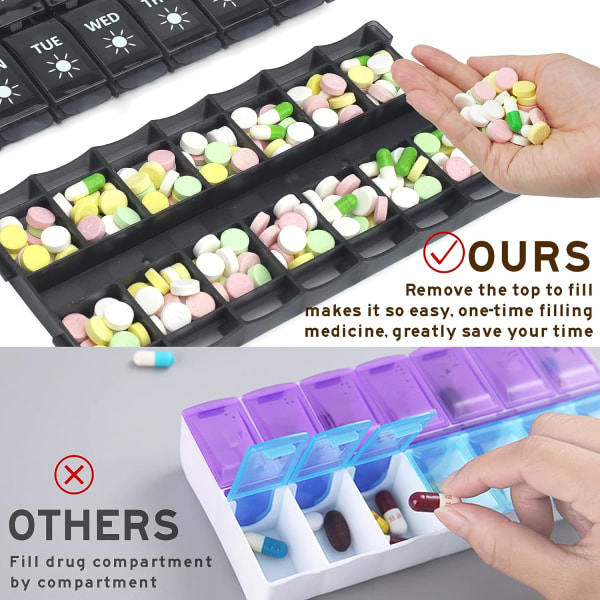 IC Pill Organizer 2 kertaa päivässä, Päivä Yö Pill Case, Pill Box 7 päivää, Helppo täyttö & painonappisuunnittelu